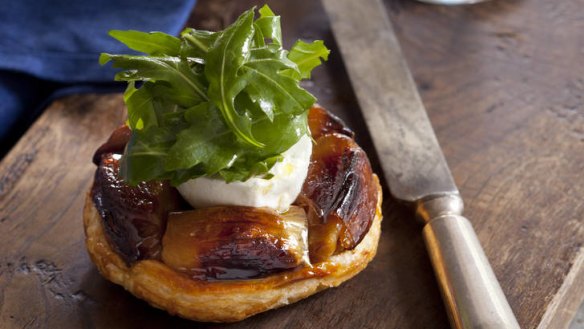 Caramelised shallot tart with goat's cheese & rocket. Recipes to celebrate 20 YEARS OF JEREMY BEING IN AUSTRALIA for Epicure and Good Living, by Jane and Jeremy Strode. Photographed by Marina Oliphant. Styling by Mags King. Merchandising by Berni Smithies. The Age Newspaper and The Sydney Morning Herald. Photographed February 20, 2012.