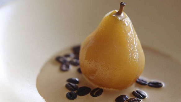 Poached pears with coffee cream.