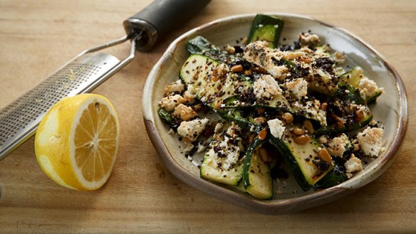 Serve at room temperature: zucchini, pine nut and currant salad.