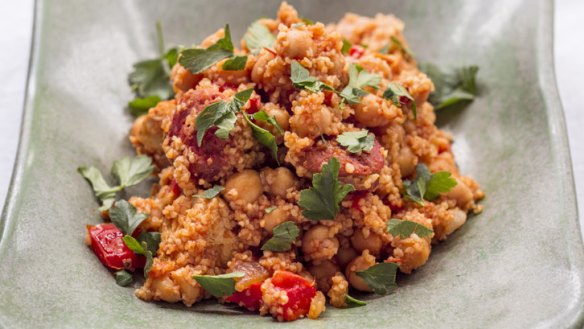 Simple one-pot dinner for home or away: Chicken and chorizo with chickpeas and cous cous.