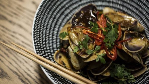 Pipis with home made XO sauce and sea parsley.