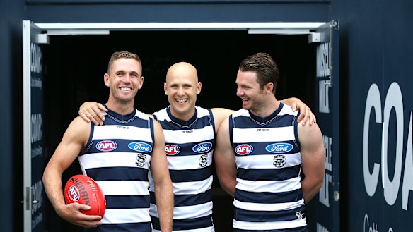 Joel Selwood, Gary Ablett and Patrick Dangerfield will combine for the first time on Monday.