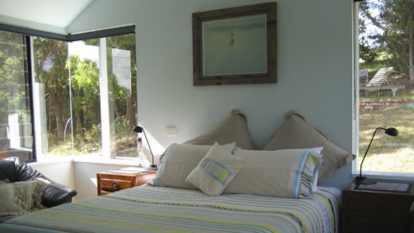 Tucked away in the hills ... the bedroom at Johanna Alpacas has a seaside feel.