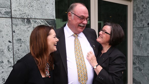 Cathy McGowan (right) with Liberal Warren Entsch and the Greens Sarah Hanson-Young after Mr Entsch introduced a private member's bill on marriage equality last August.