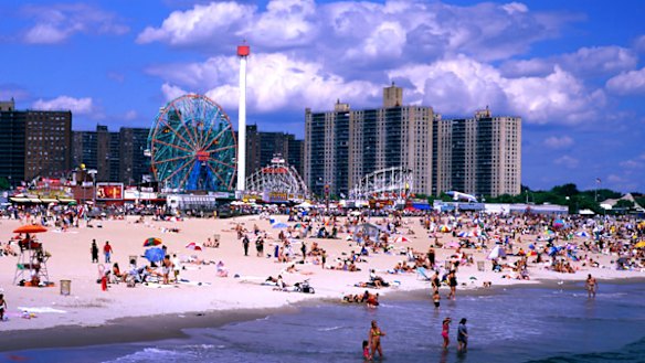 On the beach at Coney Island.