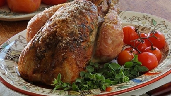 Roast chicken, marjoram butter and roast tomatoes