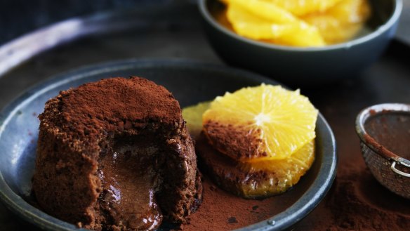 Chocolate fondant cake with Grand Marnier poached oranges.