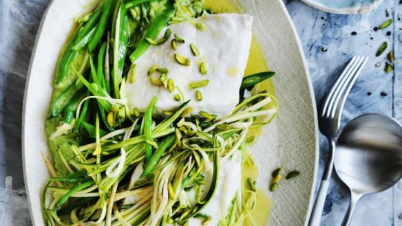 Revved up: Steamed fish with spring greens.