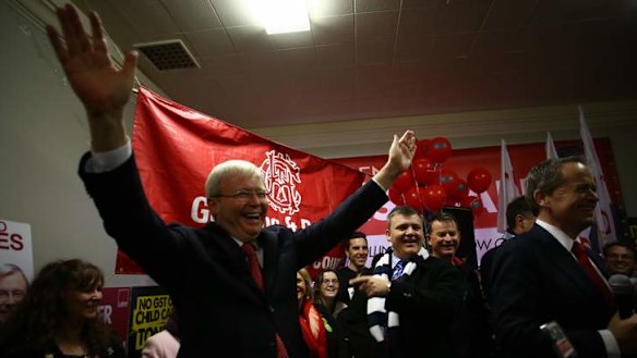 Prime Minister Kevin Rudd speaks to the faithful at a union event in Geelong.