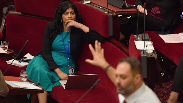 Greens leader Samantha Ratnam (left) listens as Labor's Philip Dalidakis defends the Apple store in Parliament. 