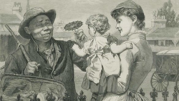 Exchanging goods: An image (1887) from the Celestial City exhibition booklet. Margaret Egerton in <i>Cosmos Magazine</i> (1896) said a bond of friendship developed between her and a Chinese hawker.