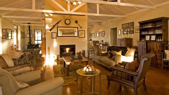 The Three Trees lodge lounge and fireplace.