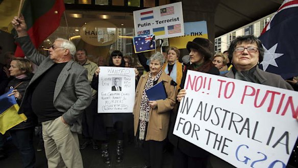 Malaysian MH17 Flight story Ukrainian Community protest outside the QVB in Sydney.