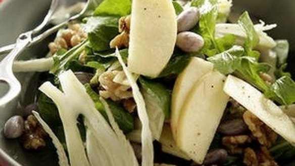 Autumn salad of beans, apple, walnuts, fennel and rocket.