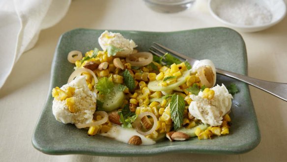 A simple lunch or mid-week dinner idea: Barbecued corn salad with buffalo mozzarella.