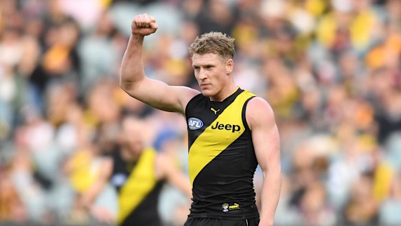 Tiger Josh Caddy stepped up to kick six goals against St Kilda after forward Jack Riewoldt left the ground concussed. 