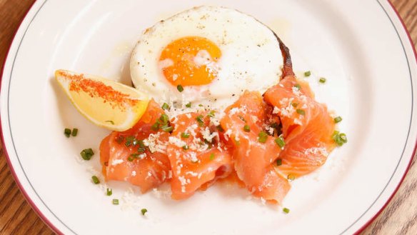 House-cured salmon, potato blini and fried egg.