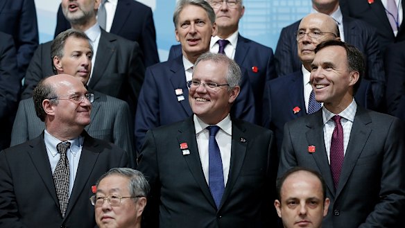 Treasurer Scott Morrison participates in G-20 family photo during IMF/World Bank annual meetings in Washington.
