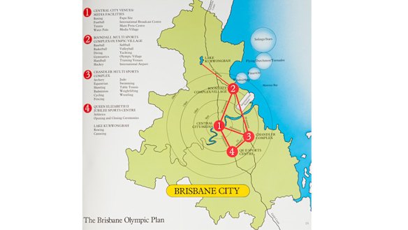 A proposed map of venues for the '92 Brisbane Olympics.<B><A href= http://images.brisbanetimes.com.au/file/2012/07/27/3495517/book-4.jpg?rand=1343340526216 > VIEW IT IN FULL </a></b>