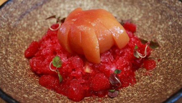 Japanese influence: Sake's poached peach with umeshu fruit liqueur.
