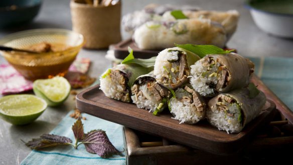 Not as tricky as you might think: Roast duck, pickled mushroom and perilla leaf rice-paper rolls.
