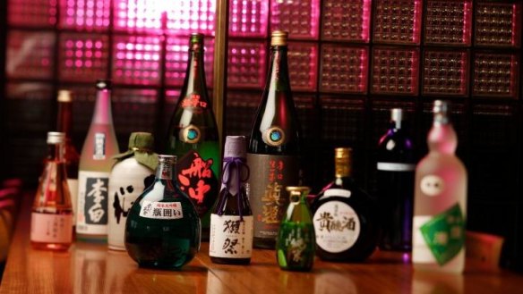 A collection of Japanese sake bottles at Kumo Izakaya and Sake Bar in Brunswick East.