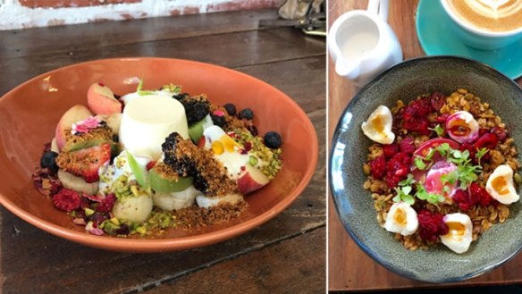 Rose and berry panna cotta at Mrs S (left) and chai spice granola at Sprolo.