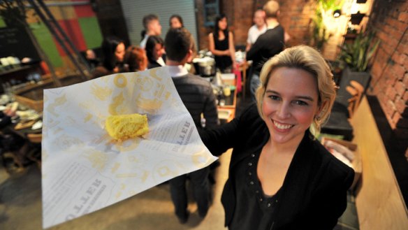 Bridget Culliney shows off her butter-making efforts from a butter churning class at Hobba's cafe in Prahran.