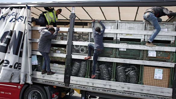 Migrants jump out of a truck after being discovered by French police as they attempted to cross the English Channel on Wednesday.