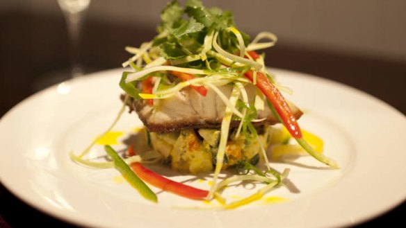 Pan-fried barramundi with pickled potato salsa.