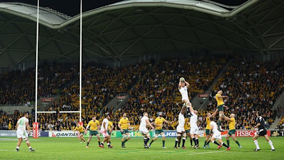 Hang time: Chris Robshaw takes a lineout during the Test match between the Wallabies and England at AAMI Park.