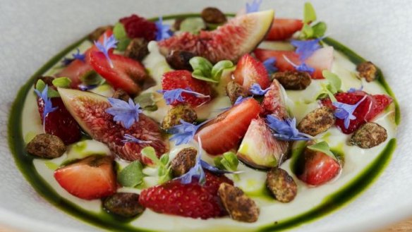 Figs, strawberries and candied pecans vibrantly adorn Blackwood Pantry's fresh basil yoghurt.