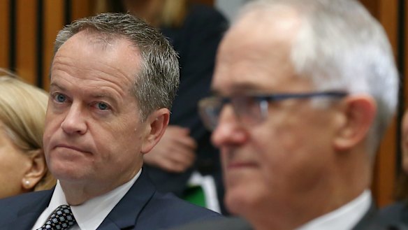 Opposition Leader Bill Shorten and Prime Minister Malcolm Turnbull at a family violence event on Tuesday.