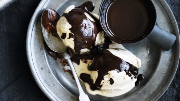Get the scoop: ice cream and chocolate sauce.