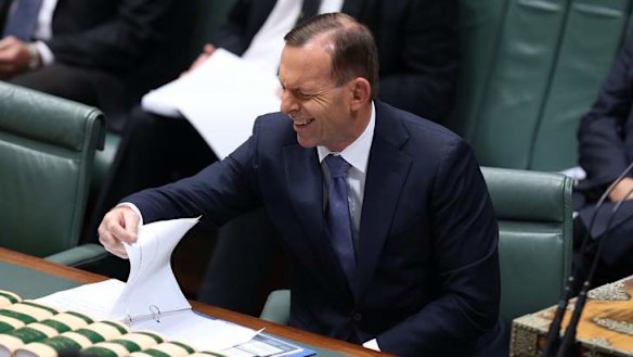 Prime Minister Tony Abbott reacts to a question by Opposition Leader Bill Shorten that was ruled out of order by the Speaker during question time on Thursday. Photo: Andrew Meares