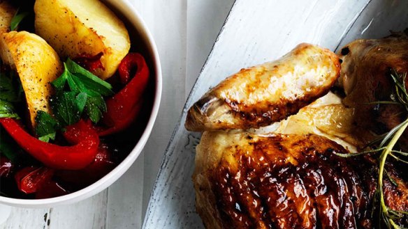 Crispy potatoes with capsicum makes a great side to barbecued chicken.