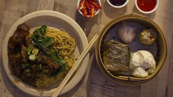 Beef brisket with noodles and dim sum basket from Hong Kong Diner.