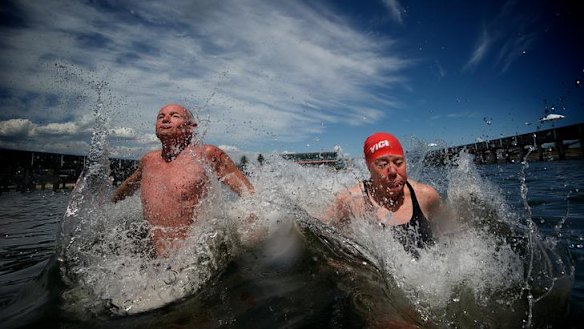 Making a splash, at any age: Diane Creaser and John McSweeny at Brighton Baths yesterday.