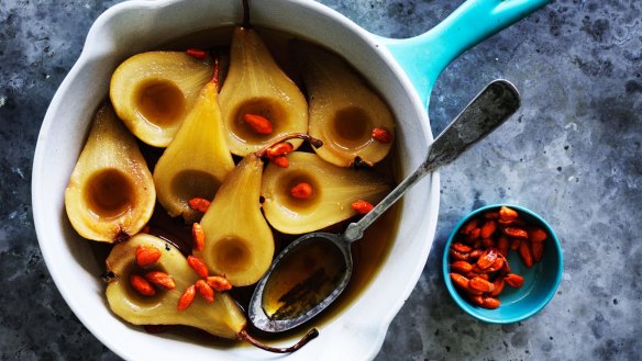 Pears poached in black dragon tea.