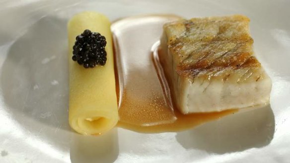 Stunning: Cider glazed barramundi with chicken mousse, potato and caviar.