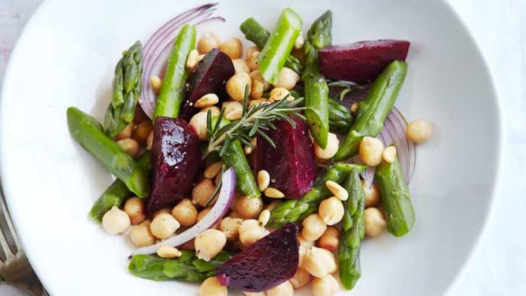 Warm beetroot, asparagus and chickpea salad