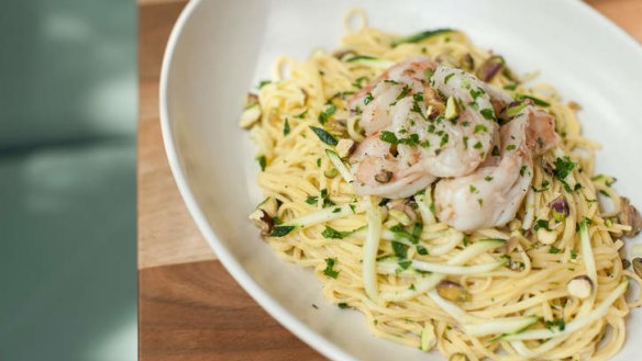 King of the pastas: Spaghetti with prawns, zucchini and pistachio.