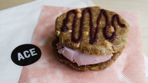 Ace peanut butter and jelly cookie sandwich with Zebra Dream coconut ice-cream.