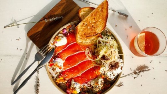 The beetroot-cured salmon looks too busy for its own good, but it works.