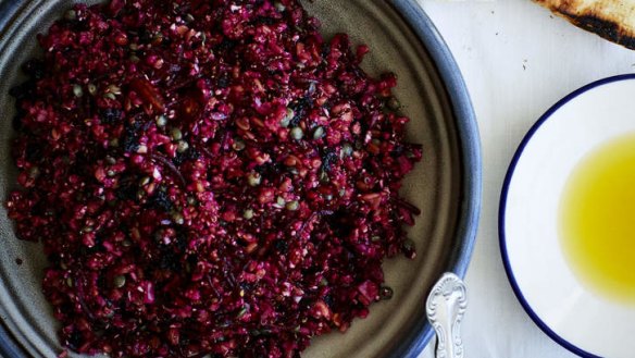 Farro, quinoa, sprouted lentils, raw cauliflower, almond, beetroot and smoked yoghurt salad.