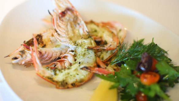 Smoky and sweet: Roasted split king prawns.