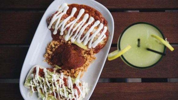 The Cisco's platter includes a meatball and rice, beef enchilada and chicken tostada.