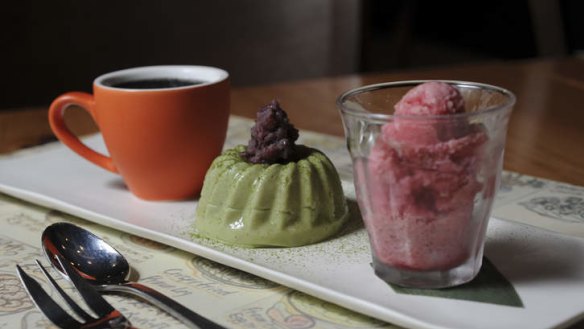 Dessert trio: Black sesame cream caramel, green tea tiramisu and raspberry sorbet.