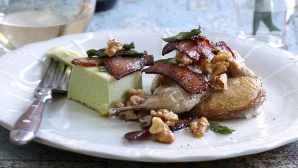 Strodes recipes:
 Pea and sage custard- served with quail , bacon and walnuts
 4th August 2012
 Photo: Steven Siewert
 Stylist: Berni Smithies