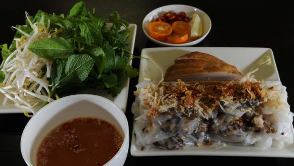 The banh cuon nhan (pork and prawn-filled steamed rice paper rolls).